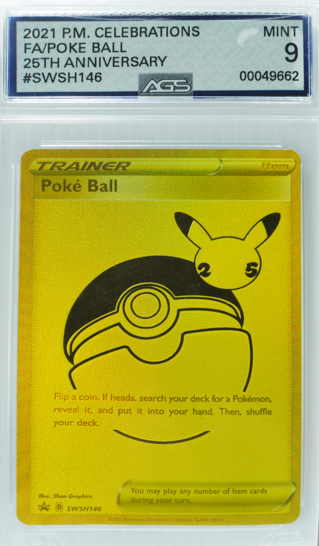 2021 PM CELEBRATIONS TRAINER POKEBALL 25th Anniversary GOLD | AGS-MINT 9